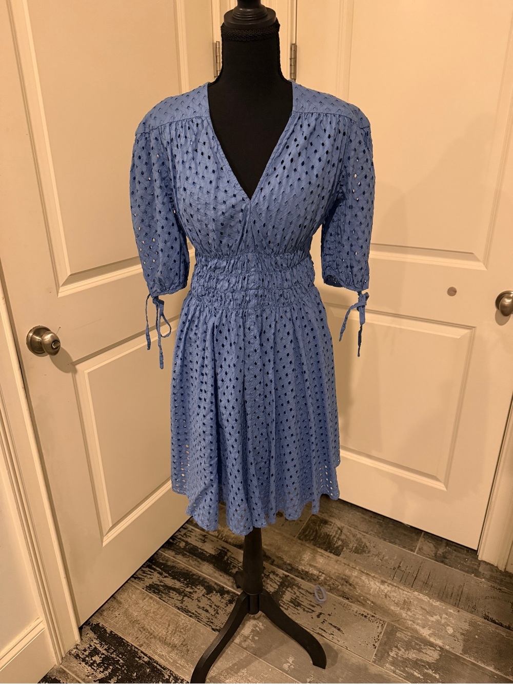 Taylor Light Blue Eyelet Smocked Waist V-Neck Midi Dress